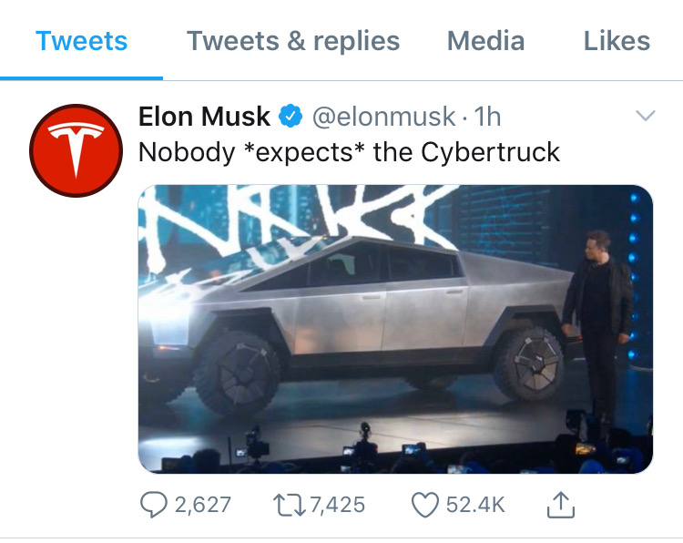 Tesla CEO tweeted 'Nobody "expects" Cybertruck
